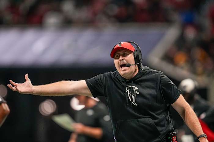 Sep 17, 2023; Atlanta, Georgia, USA; Atlanta Falcons head coach Arthur Smith reacts on the sideline against the Green Bay Packers during the second half at Mercedes-Benz Stadium.